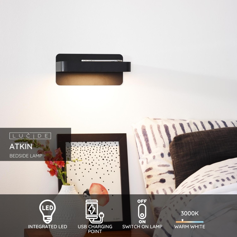 Lucide ATKIN - Nočná lampa - LED - 1x6W 3000K - S nabíjacím bodom USB - Čierna